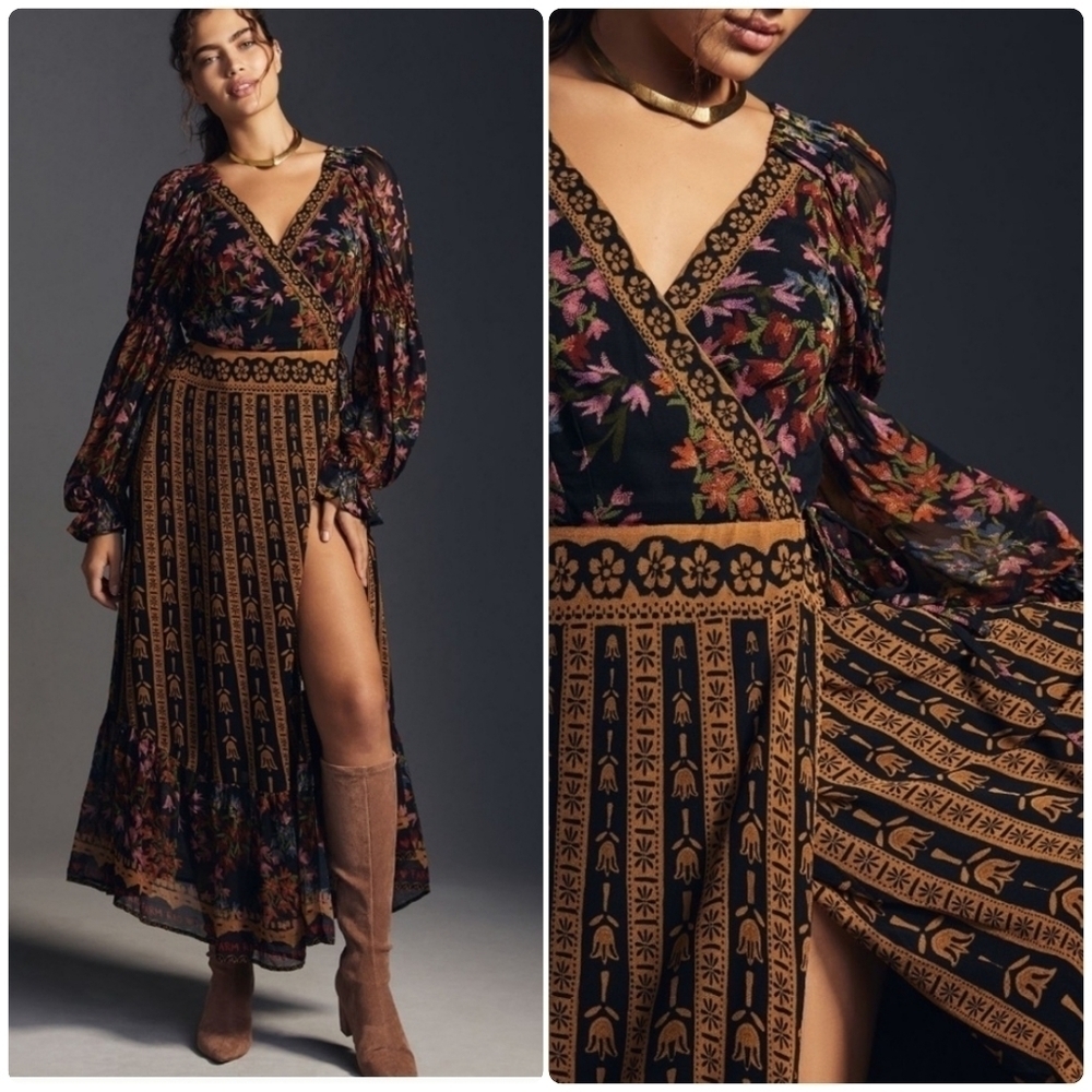 Farm Rio Side Slit Maxi Dress Long Sleeves Floral Striped XS - Perfect for Fall! - Picture 2 of 10